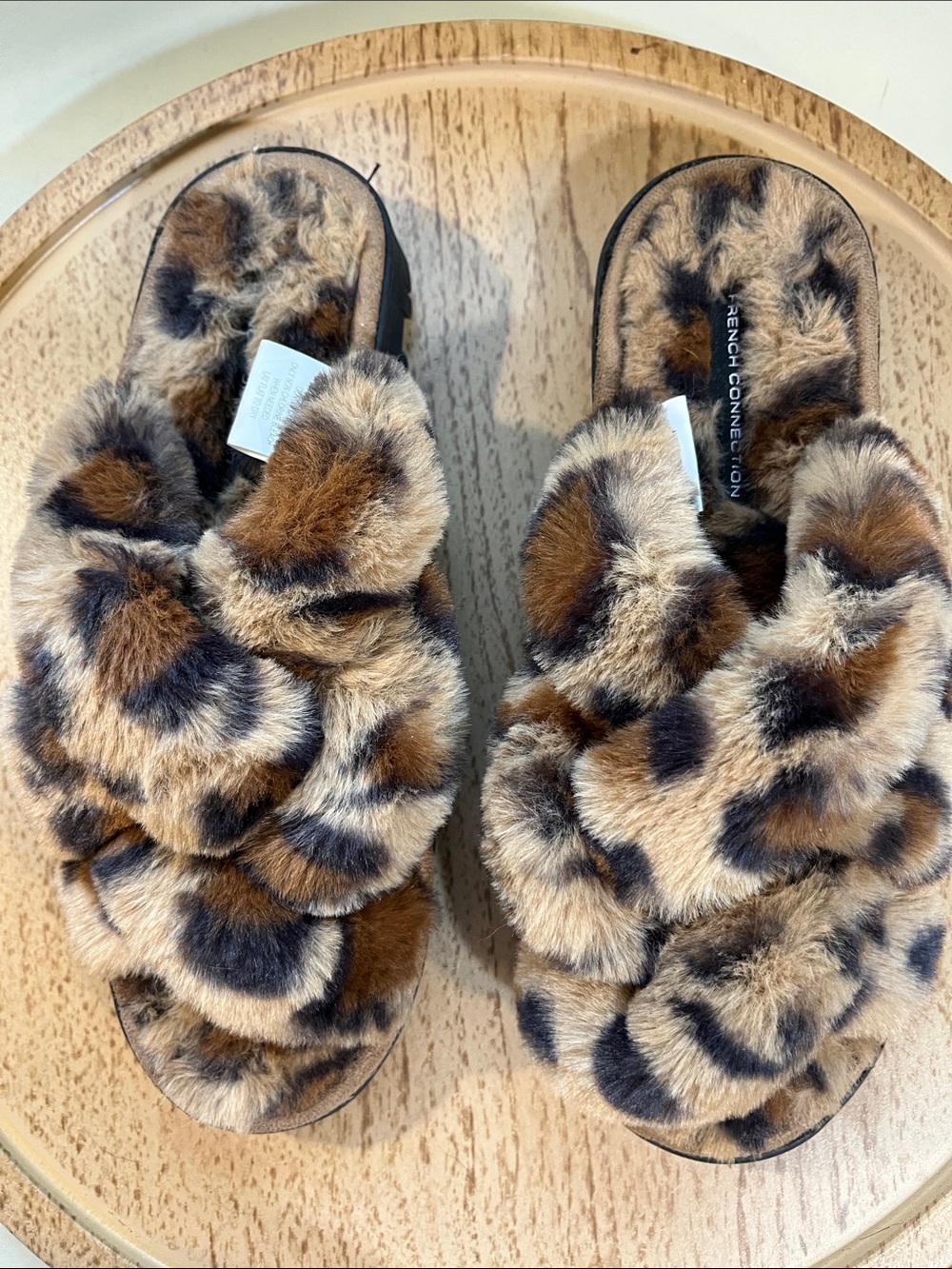 French Connection Leopard Faux-Fur Slide Slippers in Brown and Black